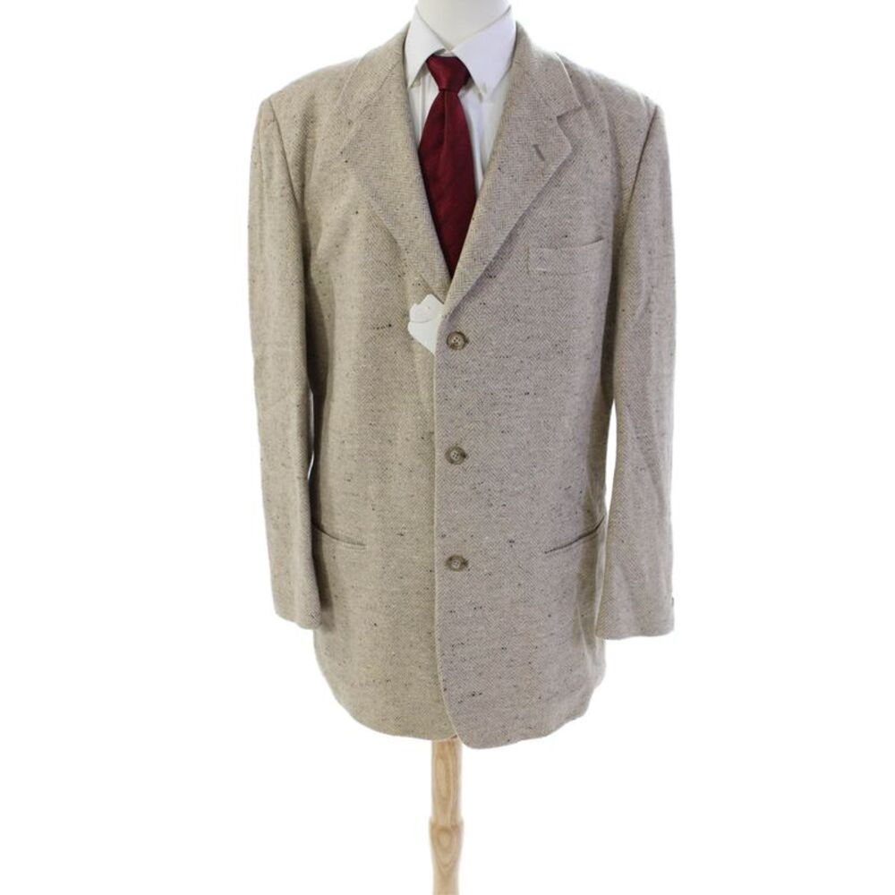 DKNY Mens Wool Chevron Print Notched Collar Buttoned Blazer Beige Size 44